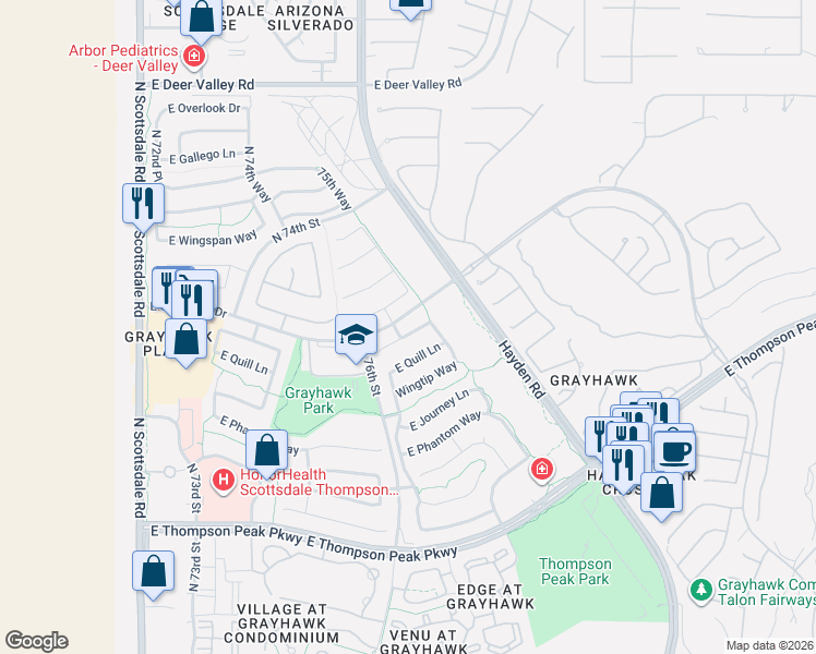map of restaurants, bars, coffee shops, grocery stores, and more near 7700 East Thunderhawk Road in Scottsdale