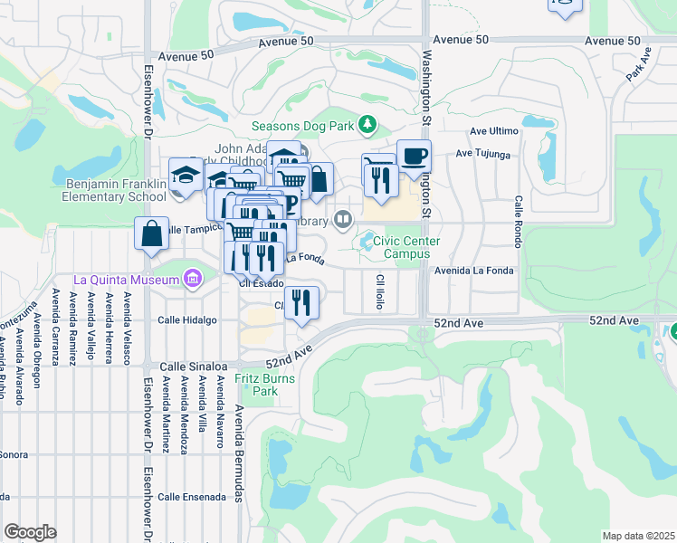 map of restaurants, bars, coffee shops, grocery stores, and more near 78200 Avenida La Fonda in La Quinta