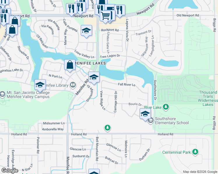 map of restaurants, bars, coffee shops, grocery stores, and more near 29106 Hidden Meadow Drive in Menifee