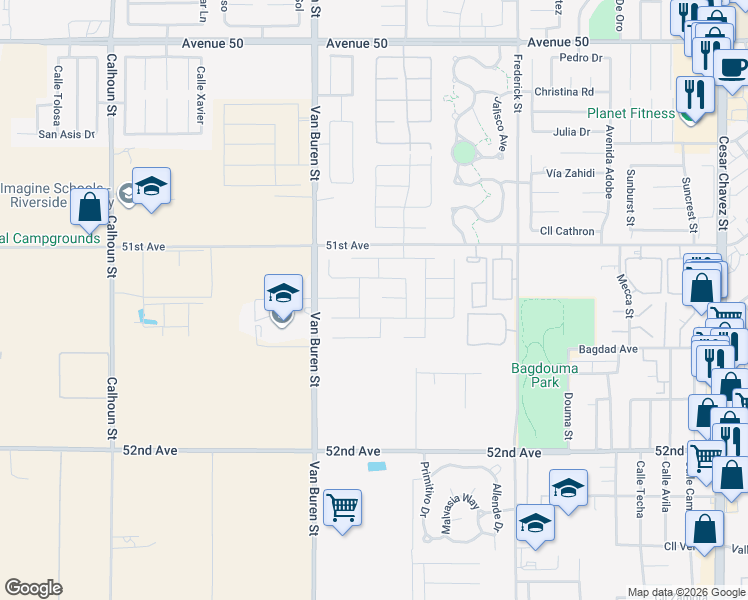 map of restaurants, bars, coffee shops, grocery stores, and more near 84163 Pismo Court in Coachella