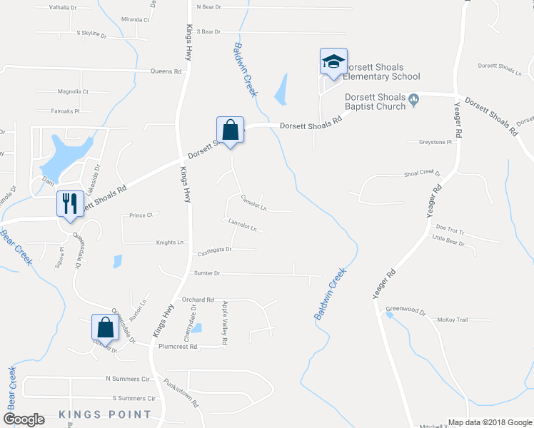 map of restaurants, bars, coffee shops, grocery stores, and more near 4809 Camelot Drive in Douglasville