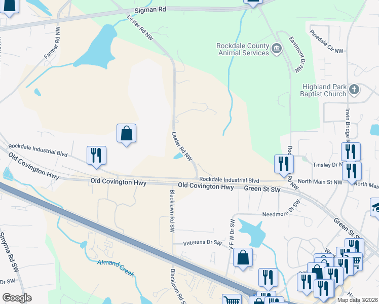 map of restaurants, bars, coffee shops, grocery stores, and more near 1209 Lester Road Northwest in Conyers