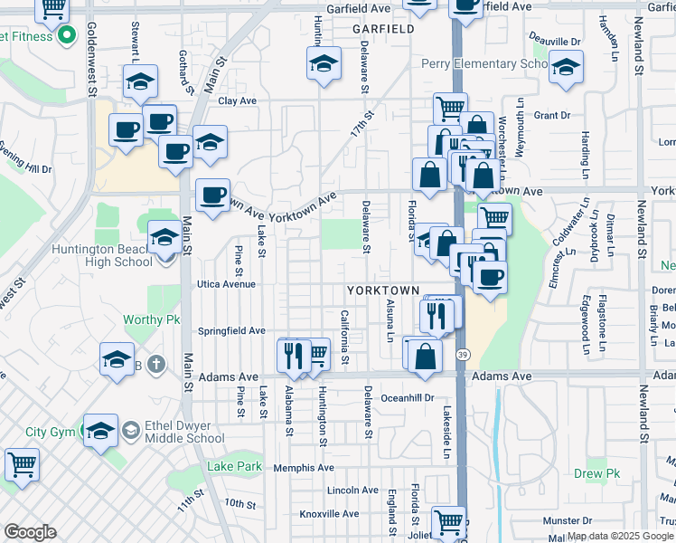 map of restaurants, bars, coffee shops, grocery stores, and more near 2111 California Street in Huntington Beach