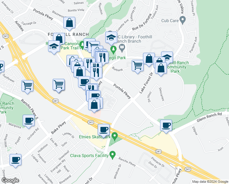 map of restaurants, bars, coffee shops, grocery stores, and more near 108 El Paseo in Lake Forest
