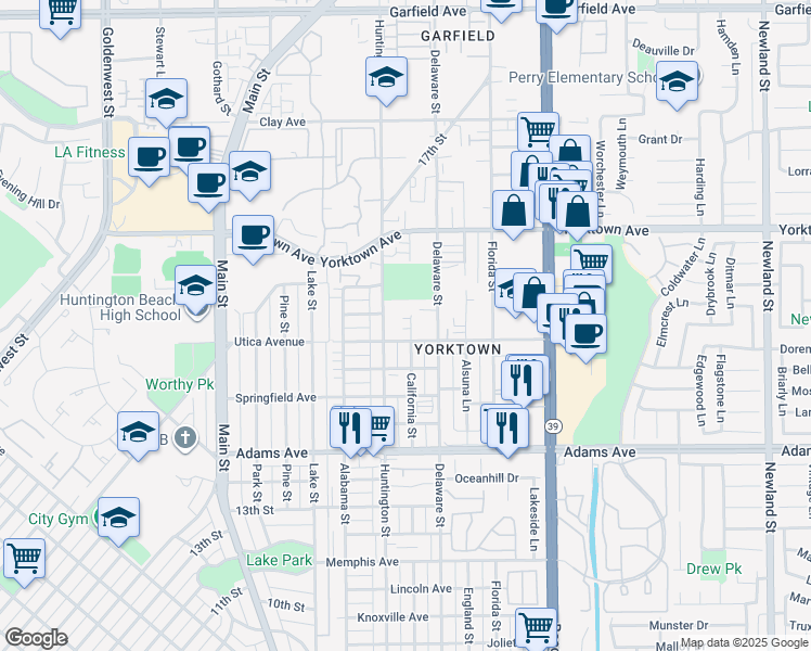 map of restaurants, bars, coffee shops, grocery stores, and more near 2111 California Street in Huntington Beach