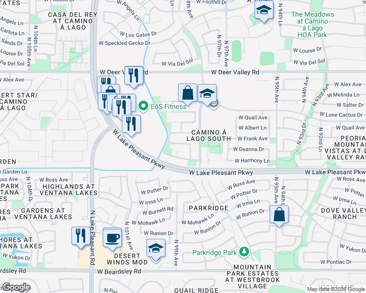map of restaurants, bars, coffee shops, grocery stores, and more near 9857 West Deanna Drive in Peoria