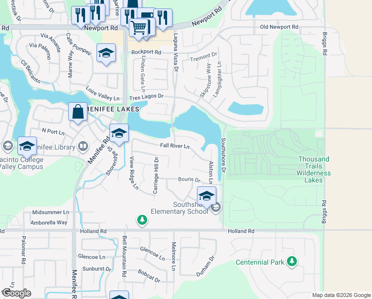 map of restaurants, bars, coffee shops, grocery stores, and more near 29305 Fall River Lane in Menifee