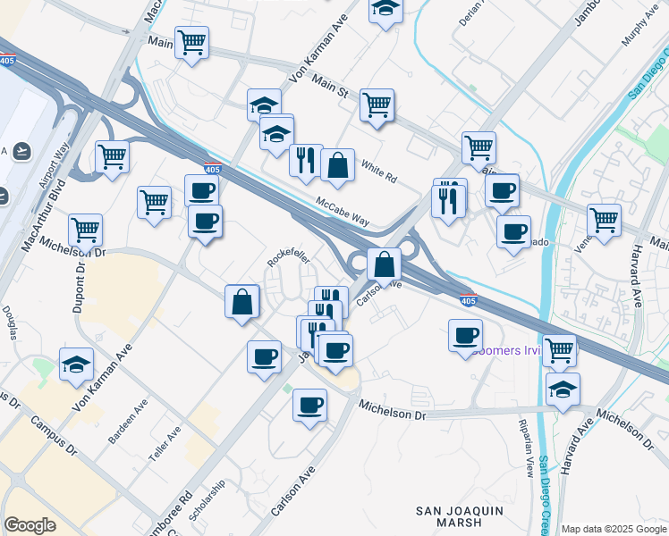 map of restaurants, bars, coffee shops, grocery stores, and more near 117 Bowery in Irvine