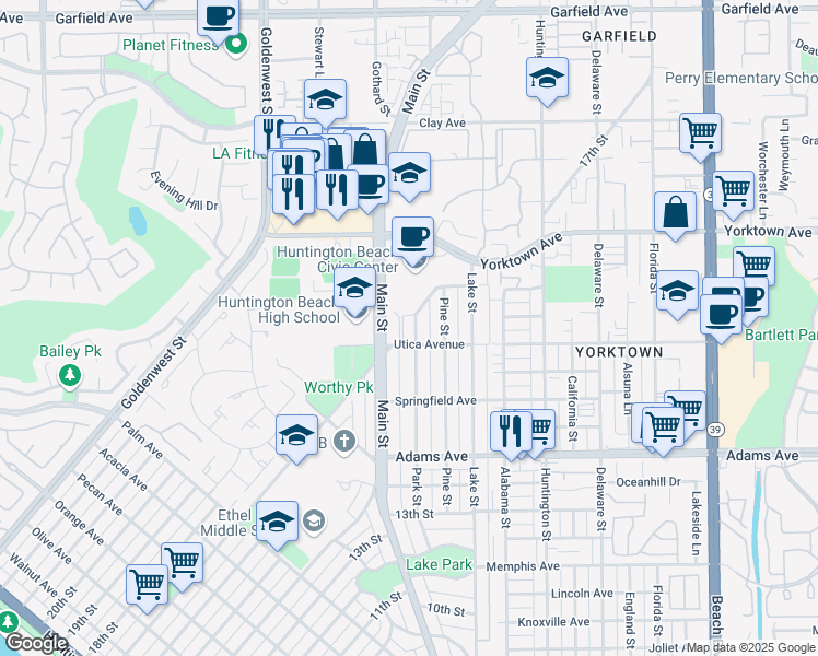 map of restaurants, bars, coffee shops, grocery stores, and more near 1915 Park Street in Huntington Beach