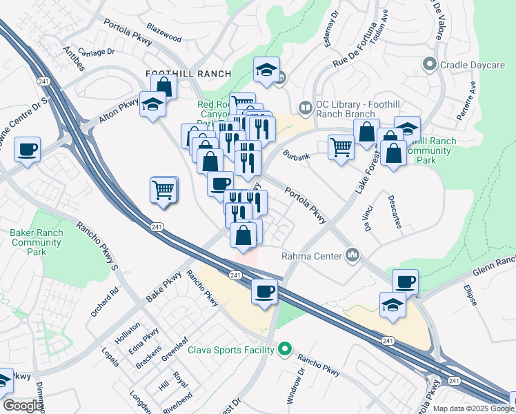 map of restaurants, bars, coffee shops, grocery stores, and more near 1012 El Paseo in Lake Forest