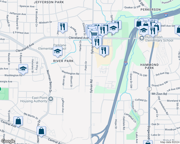 map of restaurants, bars, coffee shops, grocery stores, and more near 2881 Sylvan Road in East Point