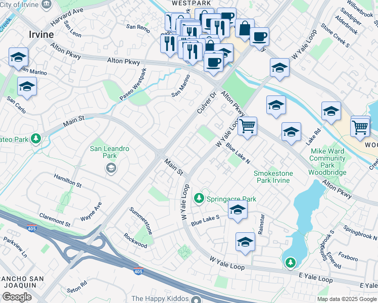 map of restaurants, bars, coffee shops, grocery stores, and more near 59 Eagle Run in Irvine