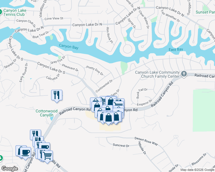 map of restaurants, bars, coffee shops, grocery stores, and more near 23221 Continental Drive in Canyon Lake