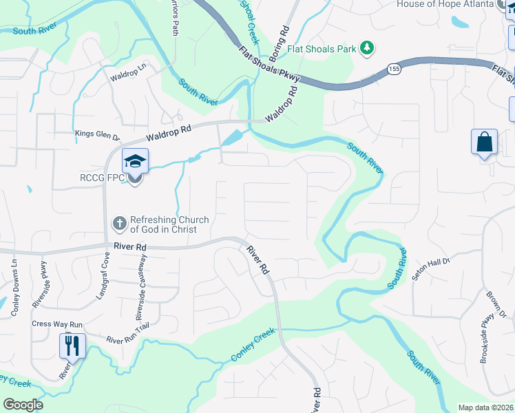 map of restaurants, bars, coffee shops, grocery stores, and more near 3423 Leyanne Court in Decatur