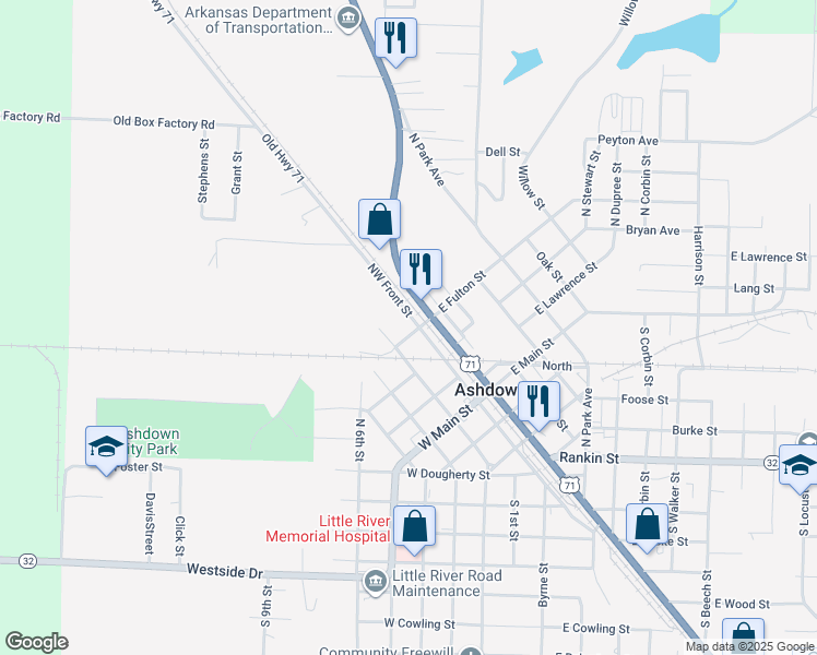 map of restaurants, bars, coffee shops, grocery stores, and more near 760 North 2nd Street in Ashdown