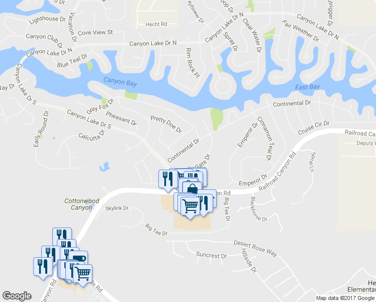 map of restaurants, bars, coffee shops, grocery stores, and more near 23221 Continental Drive in Canyon Lake
