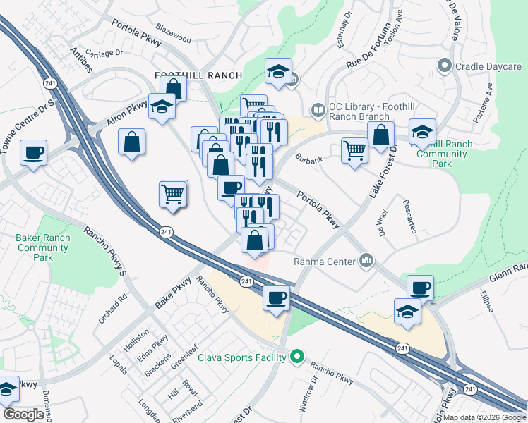 map of restaurants, bars, coffee shops, grocery stores, and more near 109 El Paseo in Lake Forest