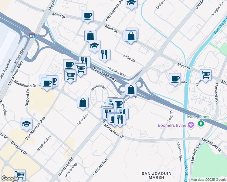 map of restaurants, bars, coffee shops, grocery stores, and more near 151 Bowery in Irvine