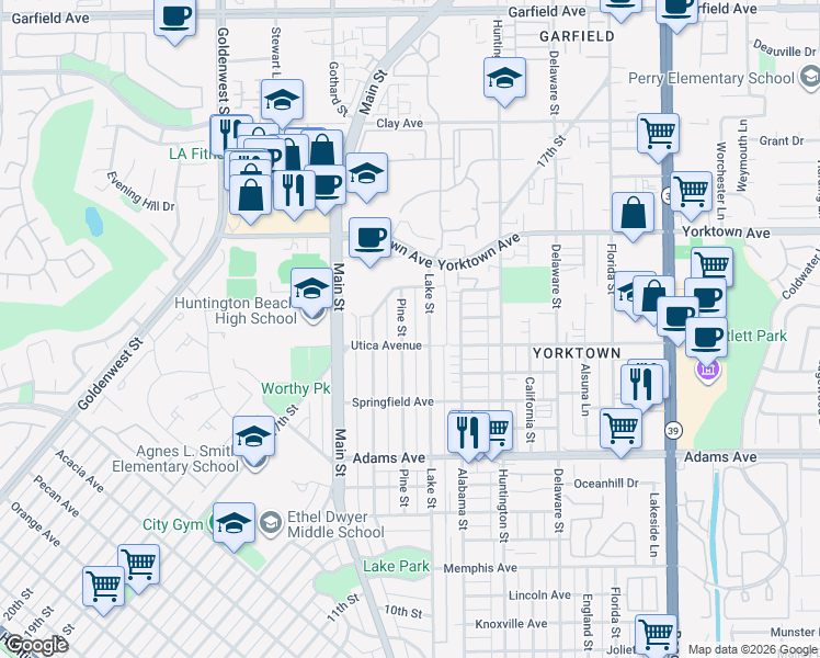 map of restaurants, bars, coffee shops, grocery stores, and more near 1916 Pine Street in Huntington Beach