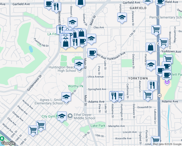 map of restaurants, bars, coffee shops, grocery stores, and more near 1915 Park Street in Huntington Beach