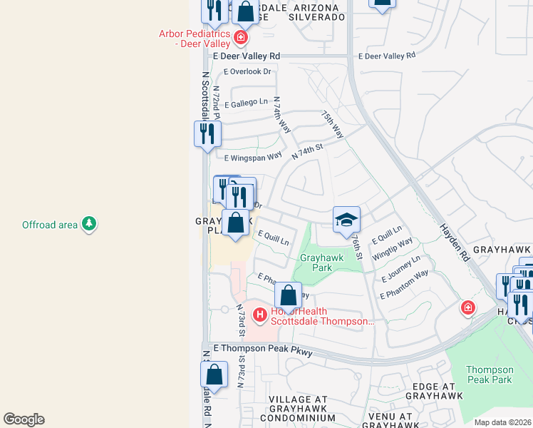map of restaurants, bars, coffee shops, grocery stores, and more near 7415 East Rose Garden Lane in Scottsdale