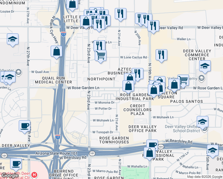 map of restaurants, bars, coffee shops, grocery stores, and more near 2133 West Rose Garden Lane in Phoenix