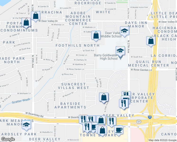 map of restaurants, bars, coffee shops, grocery stores, and more near 3033 West Rose Garden Lane in Phoenix