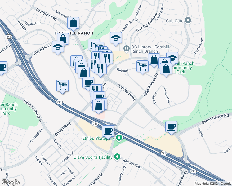 map of restaurants, bars, coffee shops, grocery stores, and more near 108 El Paseo in Lake Forest