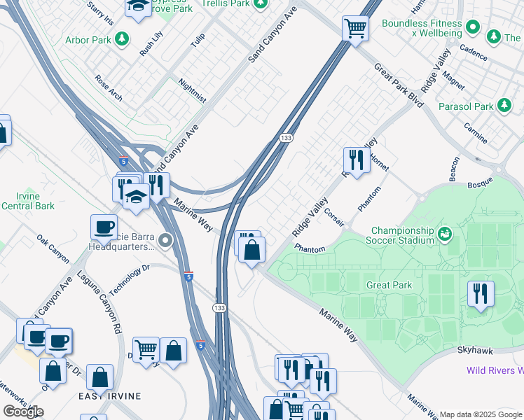 map of restaurants, bars, coffee shops, grocery stores, and more near 313 Carlow in Irvine