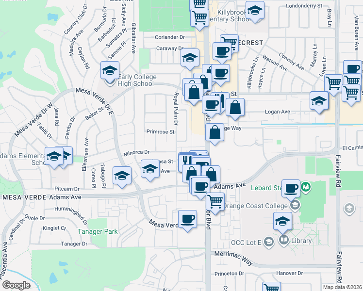map of restaurants, bars, coffee shops, grocery stores, and more near 2912 Peppertree Lane in Costa Mesa