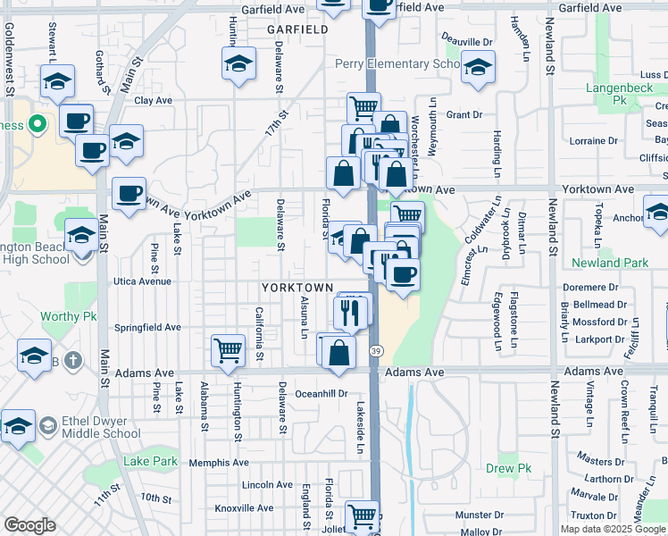 map of restaurants, bars, coffee shops, grocery stores, and more near 721 Utica Avenue in Huntington Beach