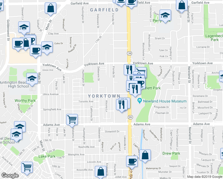 map of restaurants, bars, coffee shops, grocery stores, and more near 2116 Hess Circle in Huntington Beach