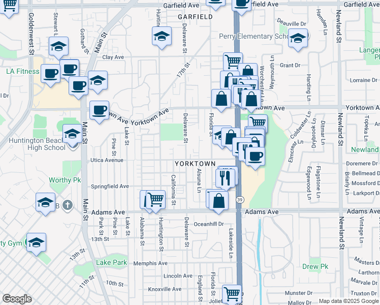 map of restaurants, bars, coffee shops, grocery stores, and more near 2114 Delaware Street in Huntington Beach