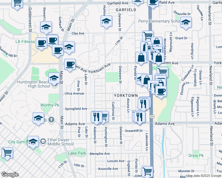 map of restaurants, bars, coffee shops, grocery stores, and more near in Huntington Beach