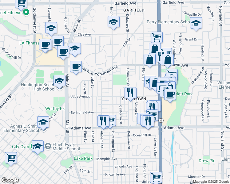 map of restaurants, bars, coffee shops, grocery stores, and more near in Huntington Beach