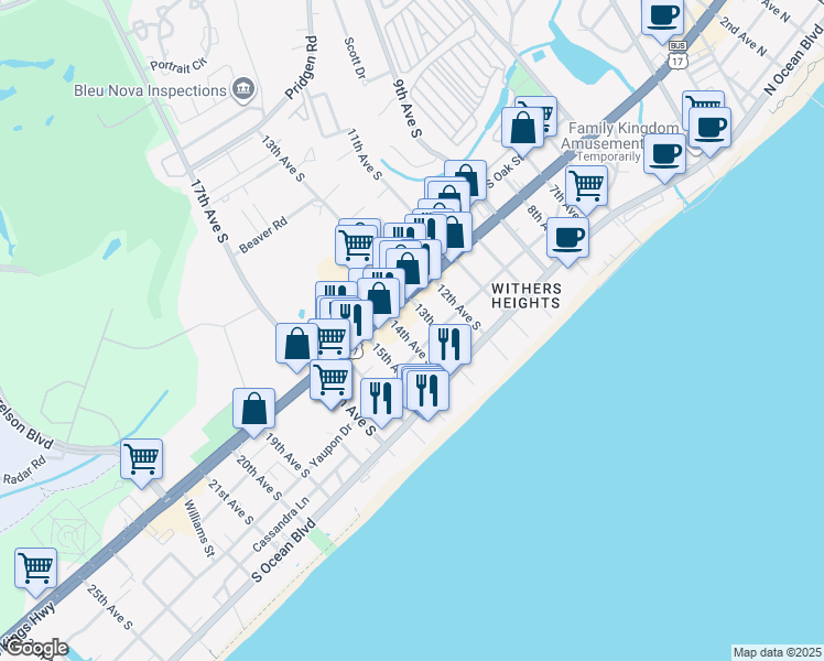 map of restaurants, bars, coffee shops, grocery stores, and more near 408 14th Avenue South in Myrtle Beach