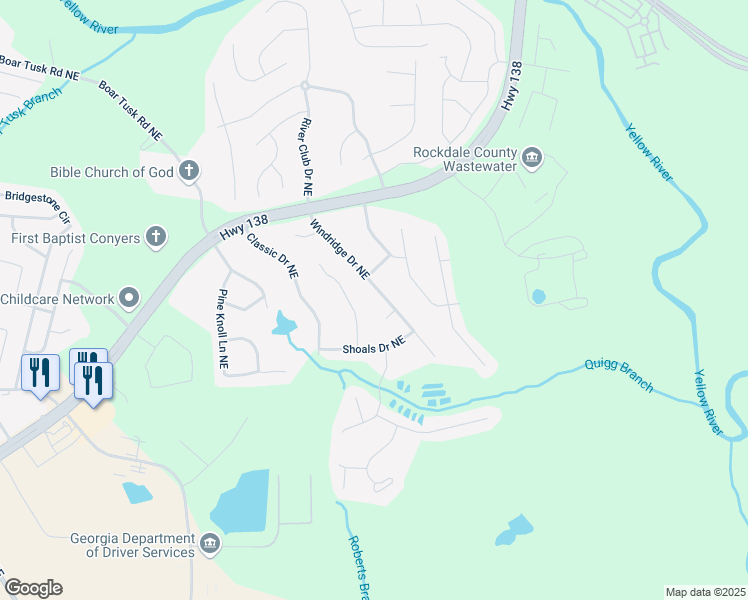map of restaurants, bars, coffee shops, grocery stores, and more near 2426 Windridge Drive Northeast in Conyers