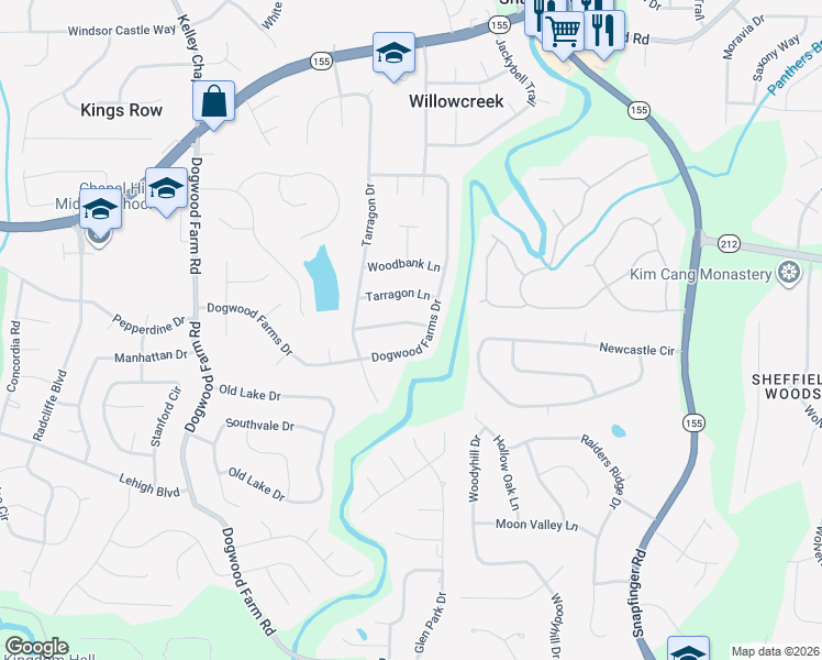 map of restaurants, bars, coffee shops, grocery stores, and more near 4438 Blackbirch Lane in Decatur