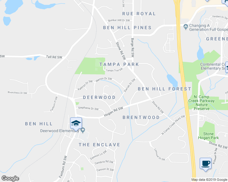 map of restaurants, bars, coffee shops, grocery stores, and more near 2901 Darrah Court Southwest in Atlanta