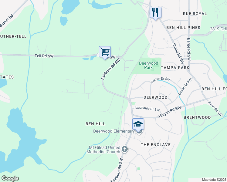 map of restaurants, bars, coffee shops, grocery stores, and more near 2856 Fairburn Road Southwest in Atlanta