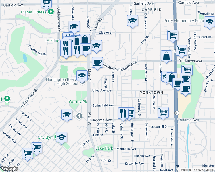 map of restaurants, bars, coffee shops, grocery stores, and more near 1916 Pine Street in Huntington Beach