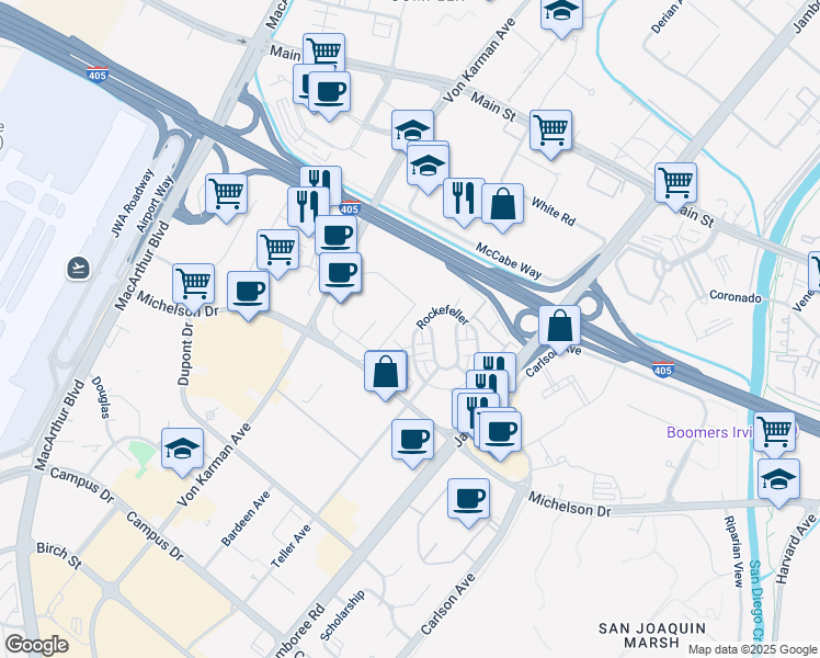 map of restaurants, bars, coffee shops, grocery stores, and more near 561 Rockefeller in Irvine