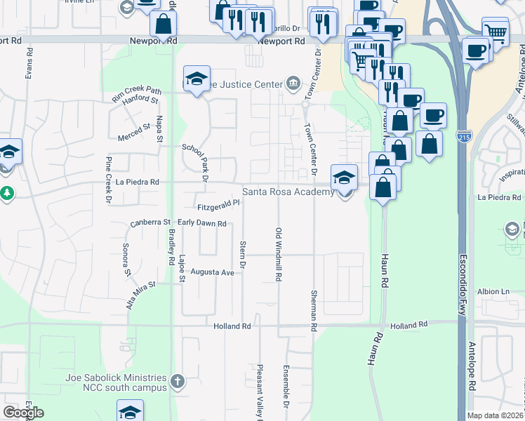 map of restaurants, bars, coffee shops, grocery stores, and more near 30581 Old Windmill Road in Menifee