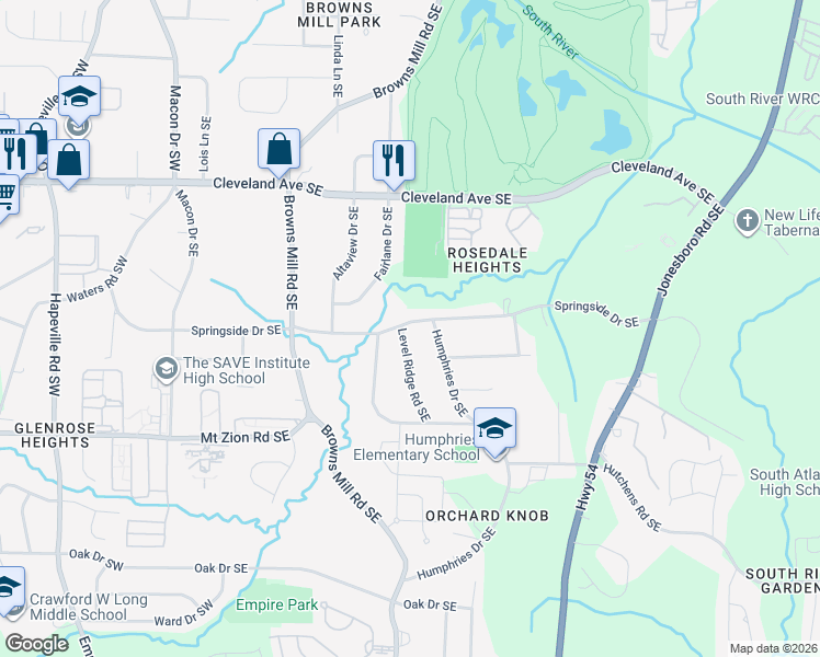 map of restaurants, bars, coffee shops, grocery stores, and more near 2884 Level Ridge Road Southeast in Atlanta