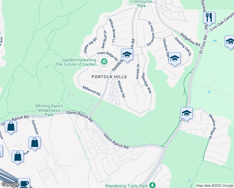 map of restaurants, bars, coffee shops, grocery stores, and more near 28535 Trento Way in Trabuco Canyon
