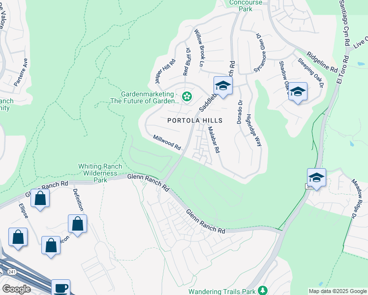 map of restaurants, bars, coffee shops, grocery stores, and more near 28411 Millwood Road in Trabuco Canyon