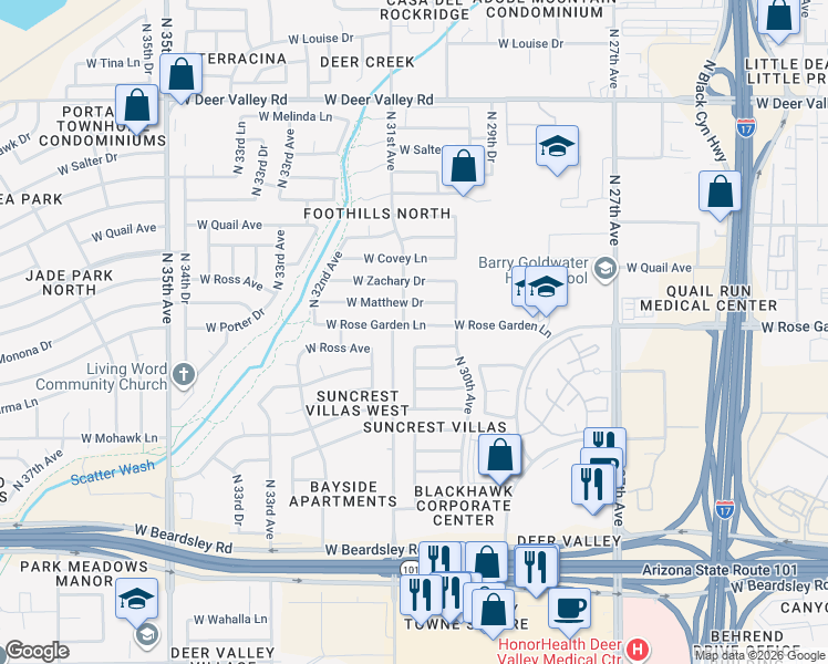 map of restaurants, bars, coffee shops, grocery stores, and more near 3041 West Rose Garden Lane in Phoenix