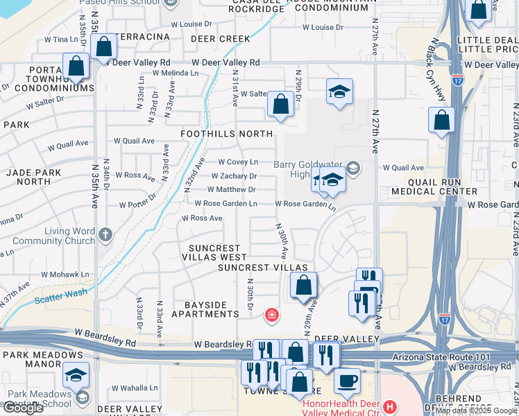 map of restaurants, bars, coffee shops, grocery stores, and more near 3037 West Rose Garden Lane in Phoenix