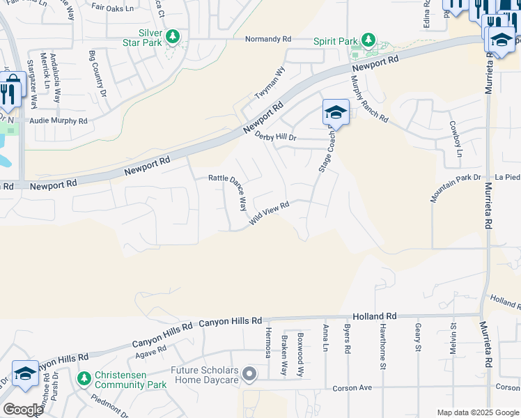 map of restaurants, bars, coffee shops, grocery stores, and more near 25218 Wild View Road in Menifee