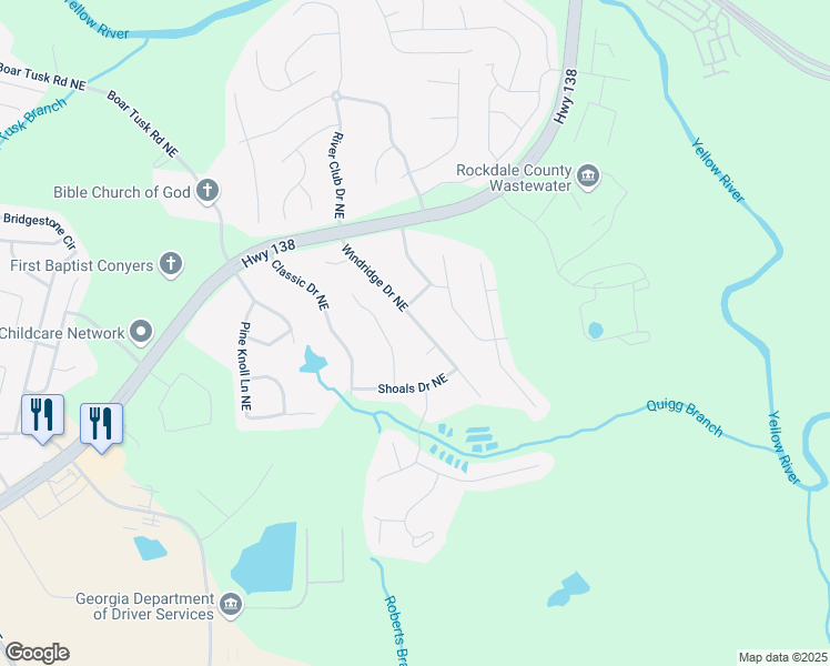 map of restaurants, bars, coffee shops, grocery stores, and more near 2426 Windridge Drive Northeast in Conyers